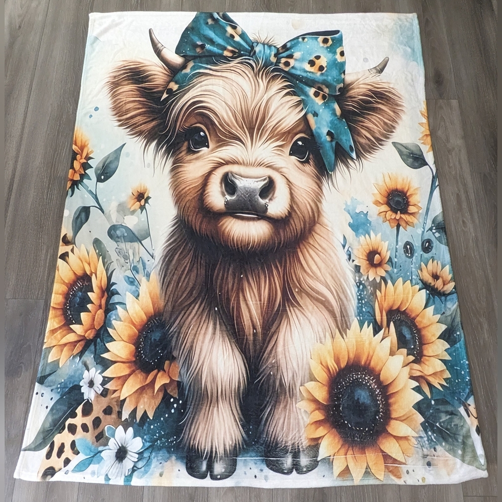 Cottagecore Highland Cow Sunflower Ultra Soft Throw Blanket, NEW